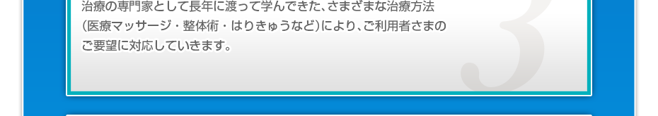 治療の専門家として長年に渡って学んできた、さまざまな治療方法(医療マッサージ・整体術・はりきゅうなど)により、ご利用者さまのご要望に対応していきます。
